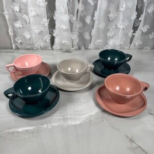 Vintage Boontonware Melmac Assorted Tea Cups and Saucers Teal Salmon Grey